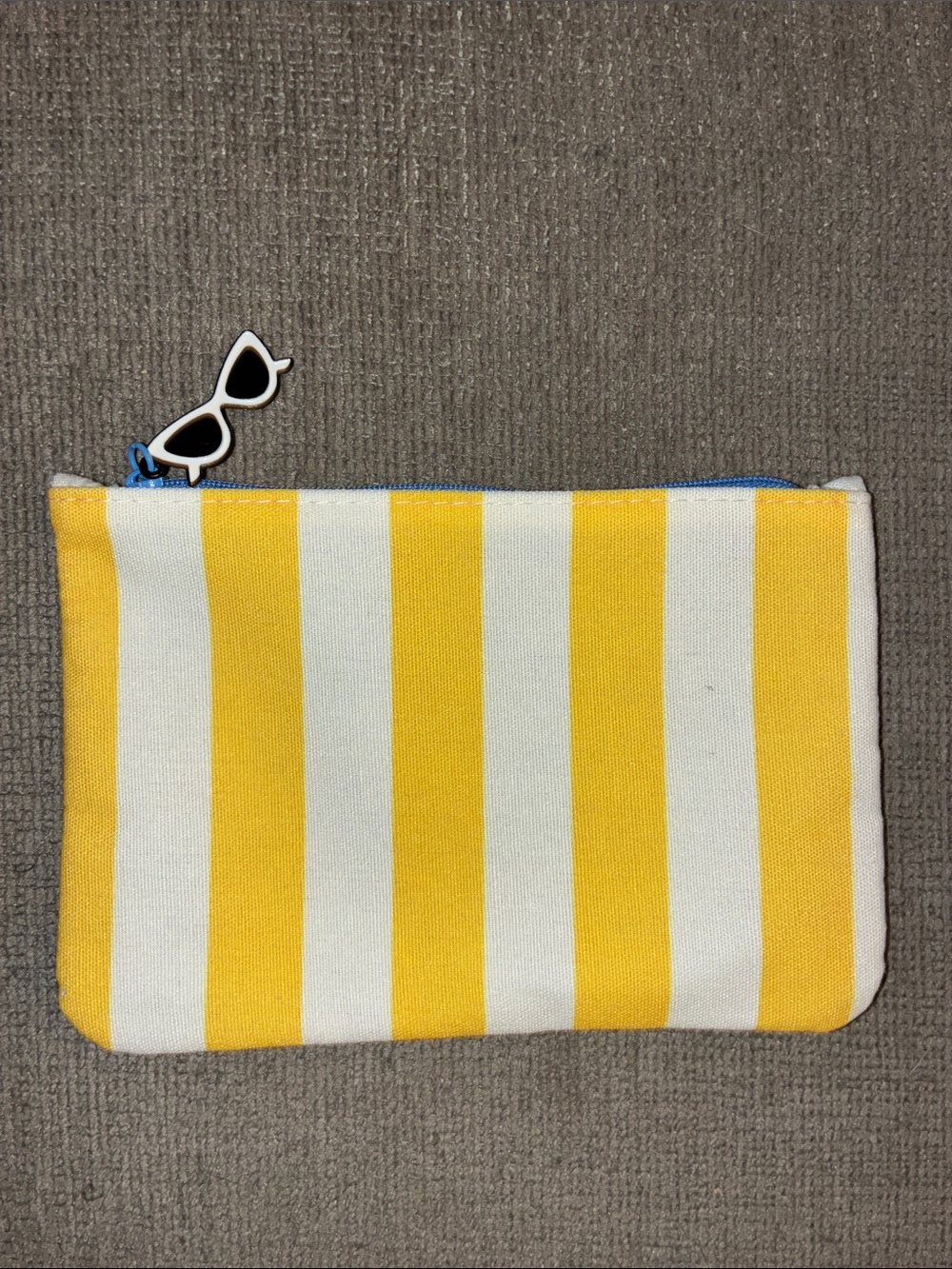 ipsy Yellow and White Striped Cosmetic Pouch with Sunglasses Charm